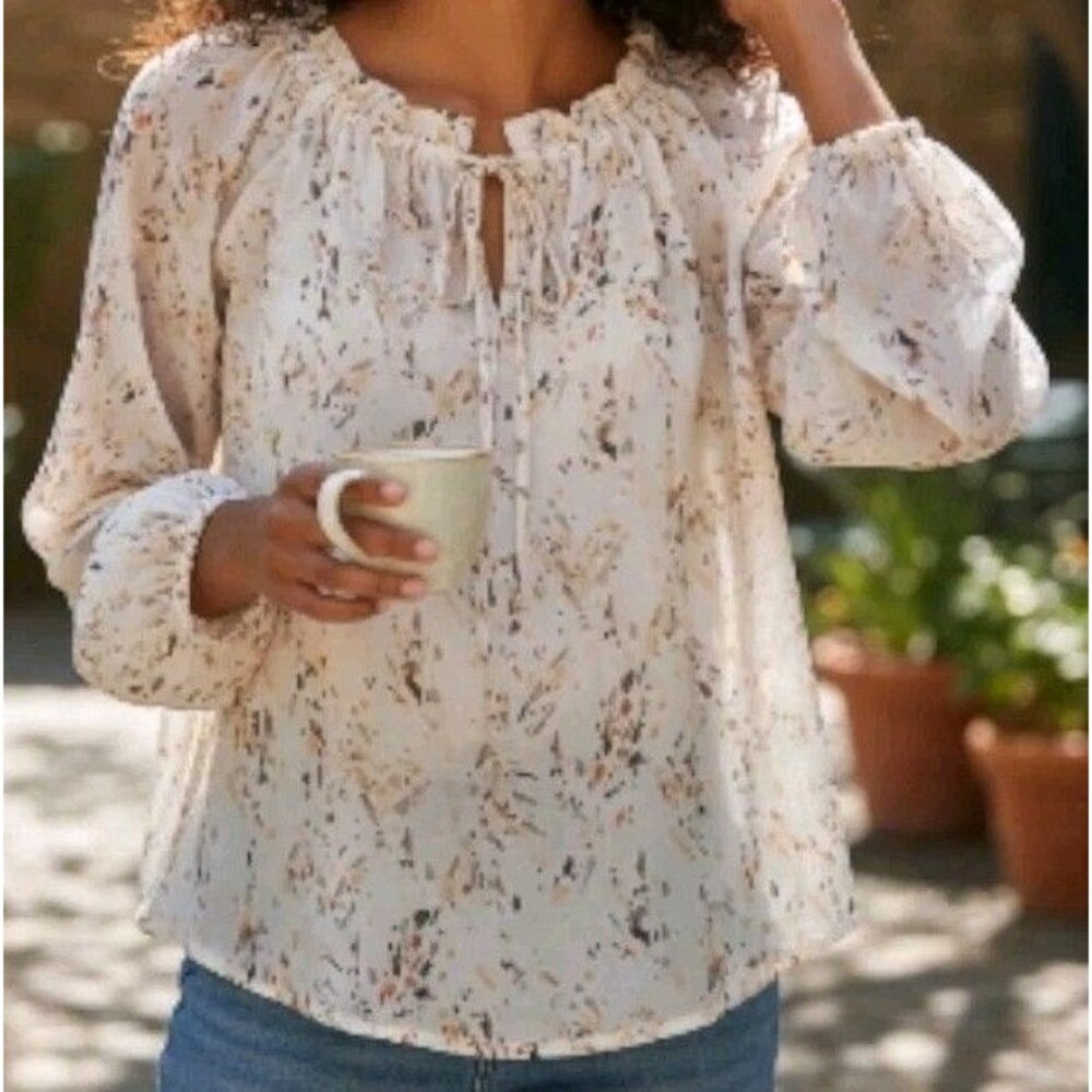 Womens Semi-Sheer Ivory Abstract Print Top L Romantic Feminine Flowy Fairycore